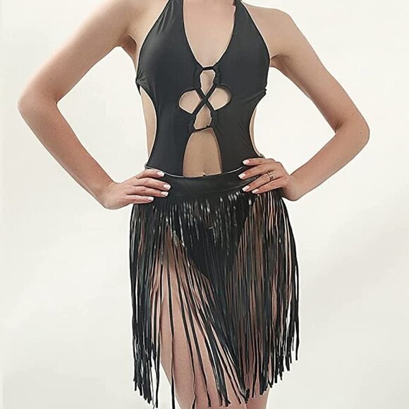 black Leather Waist Belt Tassel Dance Rave Cosplay Bondage BDSM NWT - Picture 3 of 5